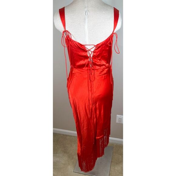 For Love & Lemons Anisa Silk Fringe Ruched Draped Red Midi Dress Size Large - Picture 10 of 12